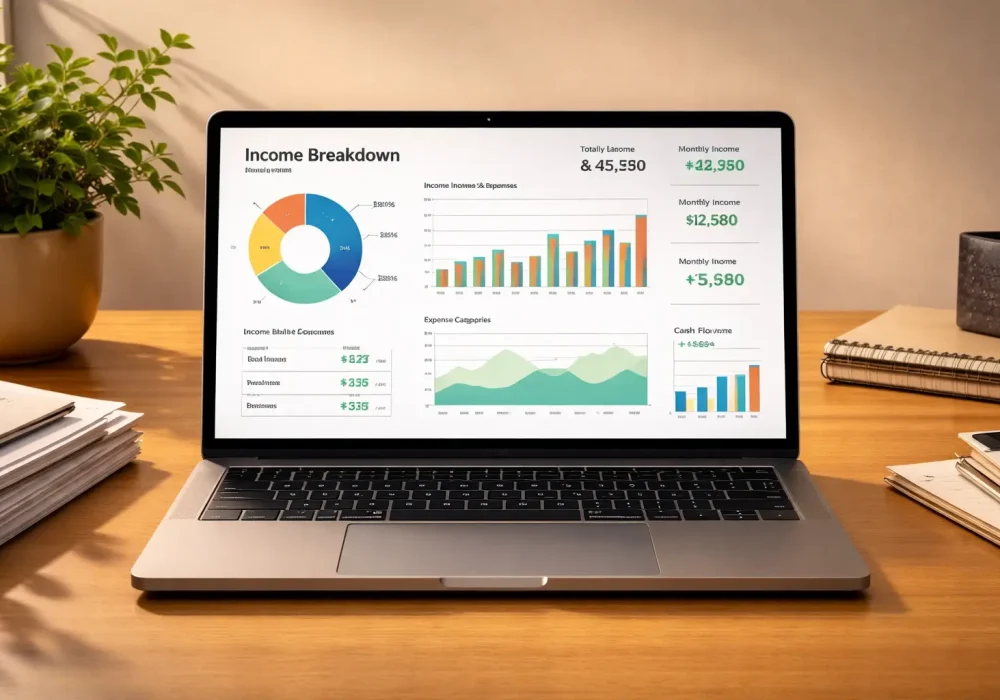 desk showing a financial dashboard