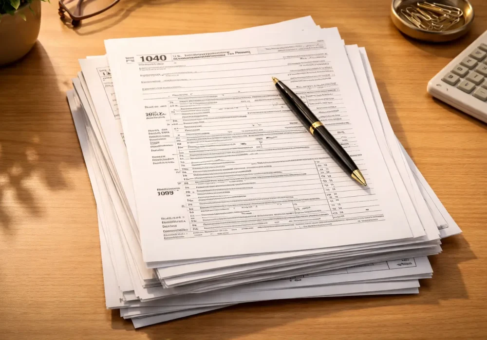 stack of tax forms and documents